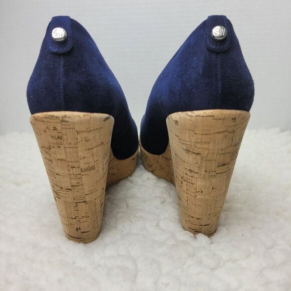 Stuart Weitzman Women's Cork Wedge Shoes Size 8.5 Navy Blue Suede Shoes - Picture 4 of 9